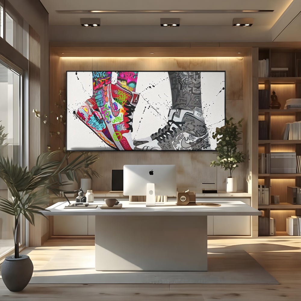 Tablou canvas cu tablou canvas cu adidasi graffiti si picioare, in rama de aluminiu negru, pe perete intr-un birou